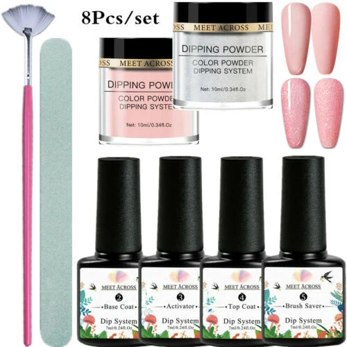 8 Colors Dip Powder Nail Set – Classic Nude Pink & Glitter Collection for DIY Salon Nails