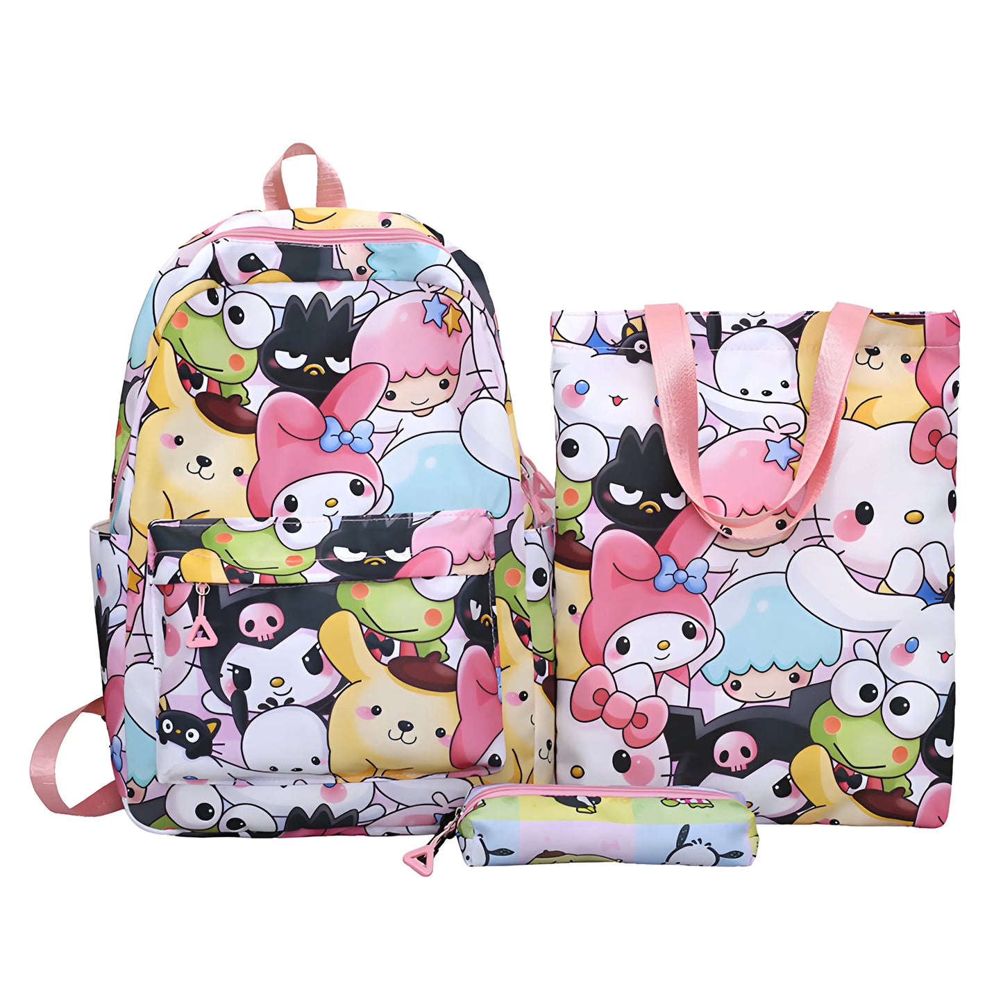 Sanrio Sweet Squad 3-Piece Set – Cinnamoroll, Hello Kitty & Kuromi Backpack + Tote + Pencil Bag for Casual & School Use