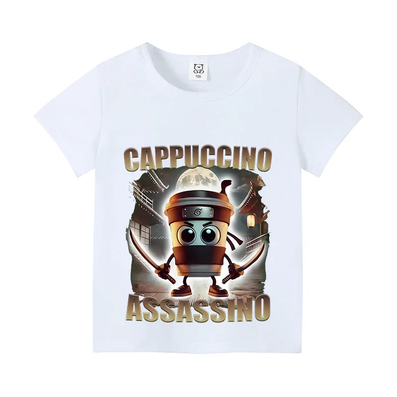 Italian Brainrot Animals Kids Cotton T-shirt Cappuccino Assassino  Tops for Kids Funny Cartoon Print Cute Tee Summer Clothing