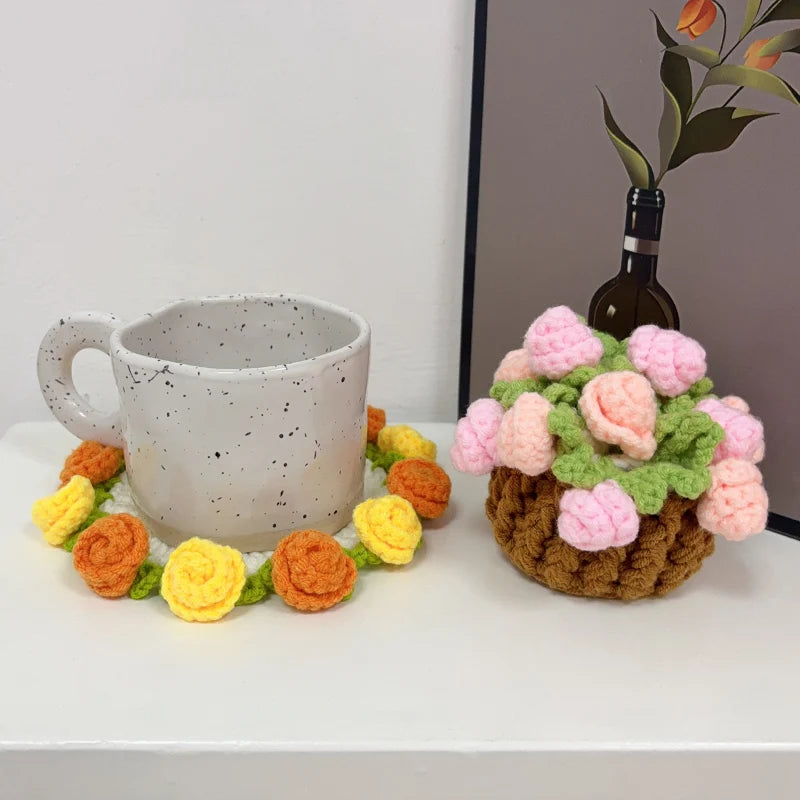 Crochet Flower Coaster Hand Knitted Coaster Rose Placemat Table Ornament Cup Pad Crochet Flower Cupmat Creative Coaster Gifts