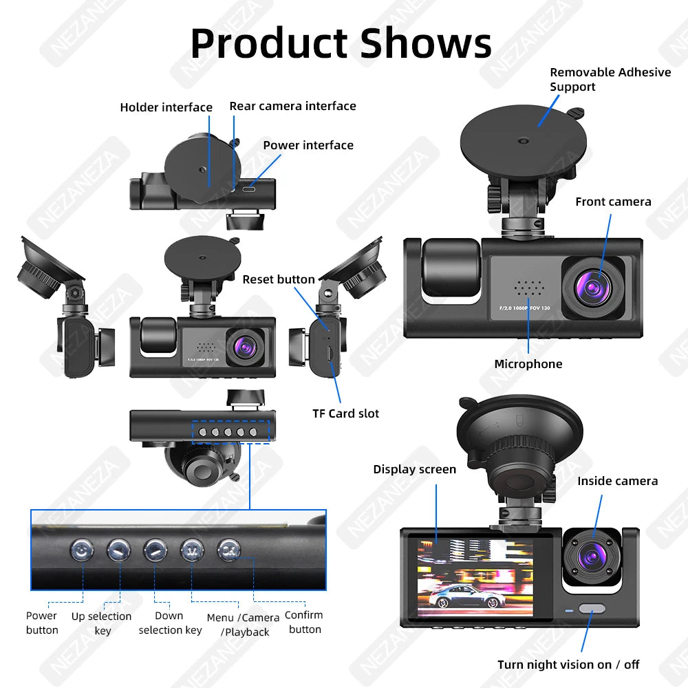 1080P DVR Car Recorder HD 3-Lens Inside Infrared Night Vision 3 Cameras Gravity Sensor Universal IPS Safe Driving Video Recorder