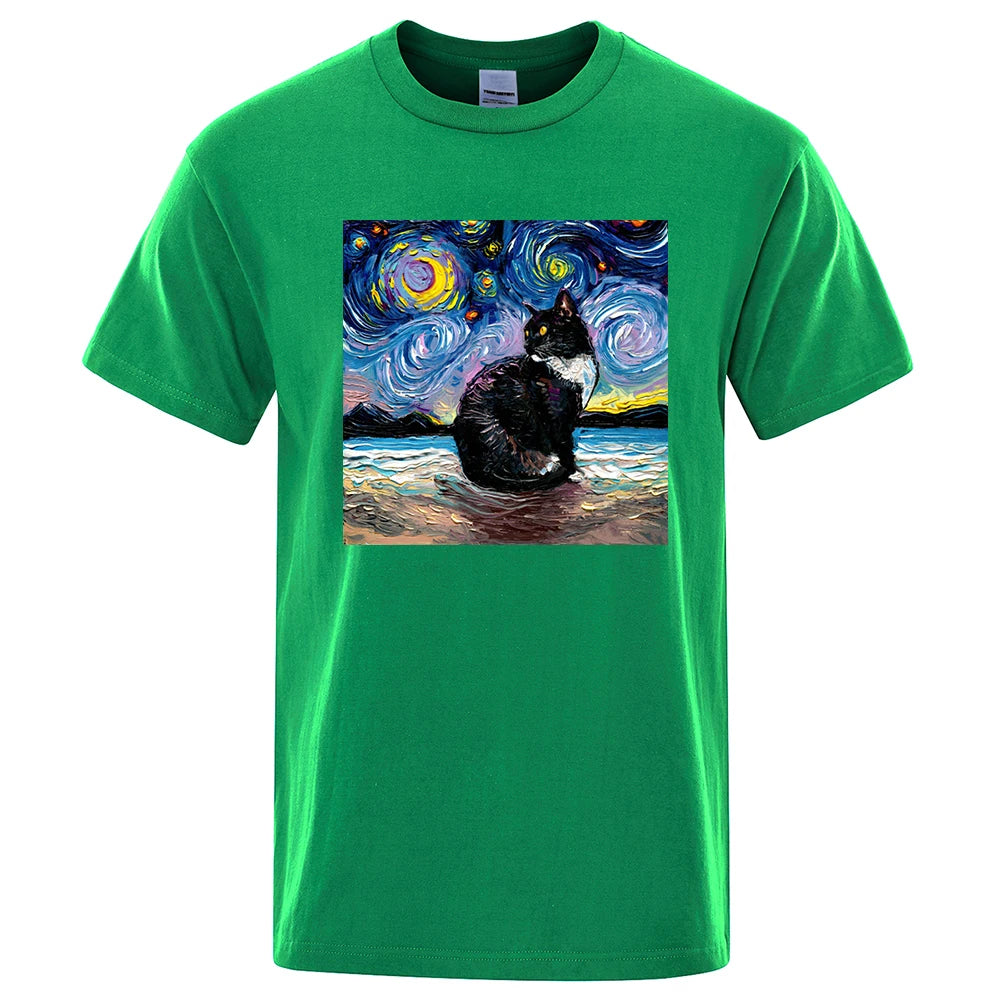 Cat Starry Sky Universe Funny Tshirt Men Casual Breathable Summer Tshirts Oversized Loose T Shirt Brand Cotton Clothing Man