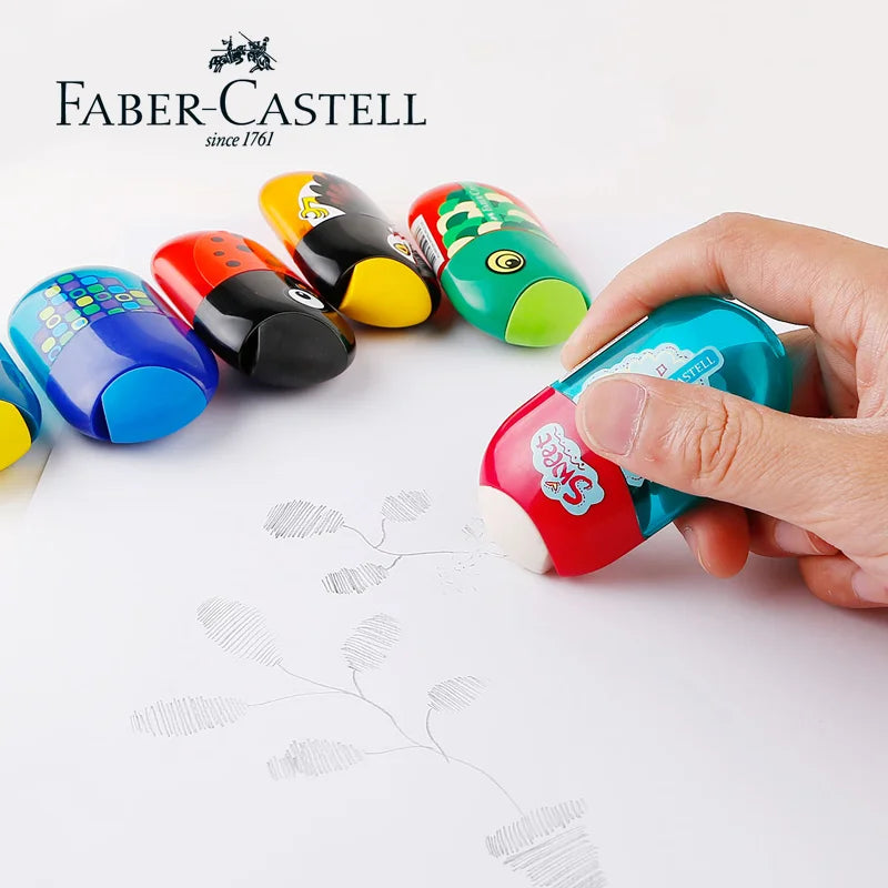 Faber-Castell Double-Hole Sharpener with Eraser – Cute Ladybug, Fish & Eagle Designs for Back-to-School Stationery Fans