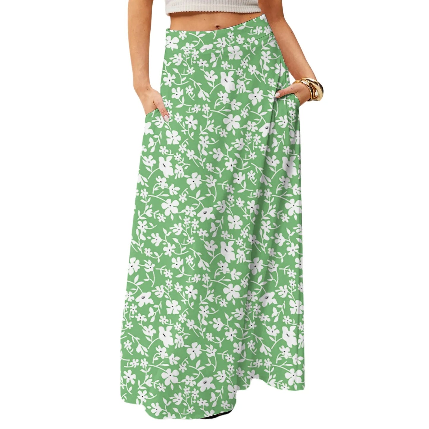 Women's Straight Skirt Casual Summer Floral Print Bohemian Skirt Flowing Maxi Skirts with pockets High waist Elastic skirt