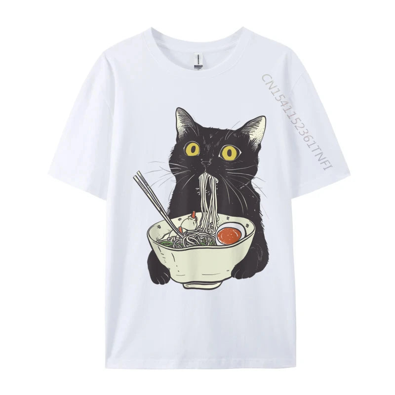 Funny Cat Eating Ramen Vintage Japanese Noodles Geek Normal All Cotton Mens Tops T Shirt Casual Tees 2024 Hot Sale T Shirts