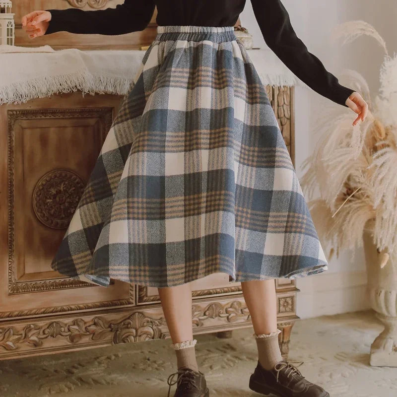 2025 Autumn Winter Elegant Women Skirts Vintage Plaid Woolen Woven High Quality High-waisted Vintage Sweet Female Skirt Woman
