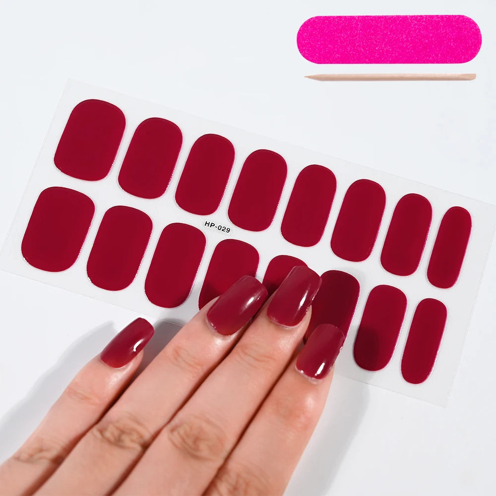 Semi-Cured Gel Nail Wraps – 16 Oval Tips with Solid Colors + File & Stick Kit