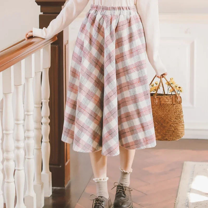 2025 Autumn Winter Elegant Women Skirts Vintage Plaid Woolen Woven High Quality High-waisted Vintage Sweet Female Skirt Woman