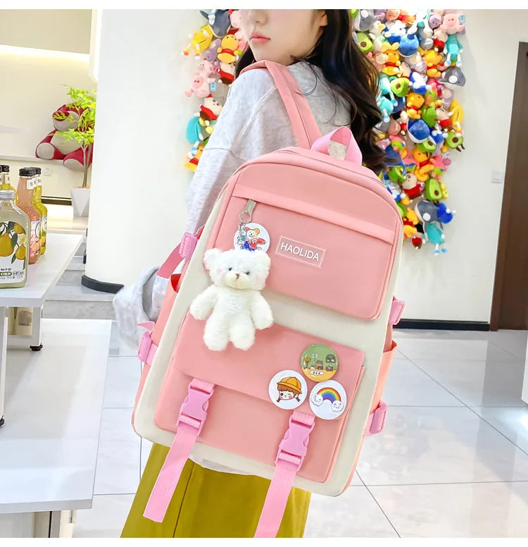Autumn New Canvas Backpack Women's Korean Version Large Capacity Five-Piece Set Middle School Student Backpack College Student S