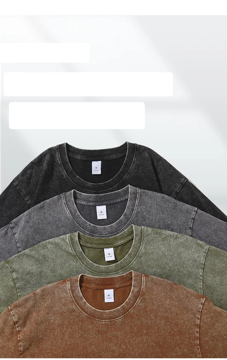 Washed Vintage T-Shirts Men's Street Hip Hop Retro Punk T Shirt Harajuku Casual 250gsm Cotton Short Sleeve Acid Wash TShirts Top