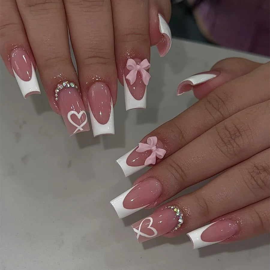 Ballet Chic – 24Pcs White French Nails with Cute Bow Design