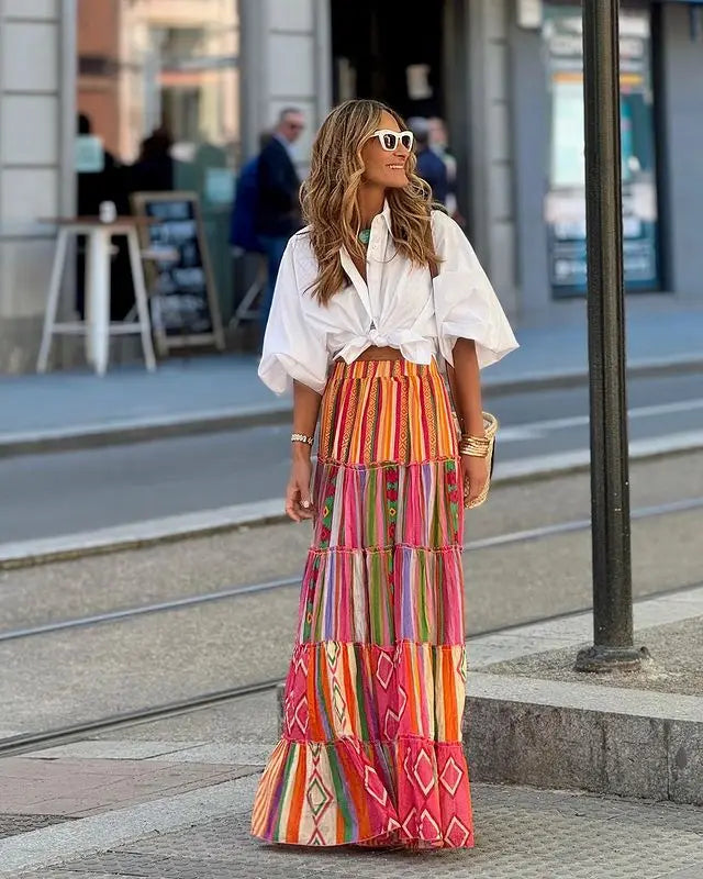 Printed Ruffles A-line Skirt Women Fashion Casual Bohemian Vacation Commuting Style Loose Long Skirts Trendy Female Clothing