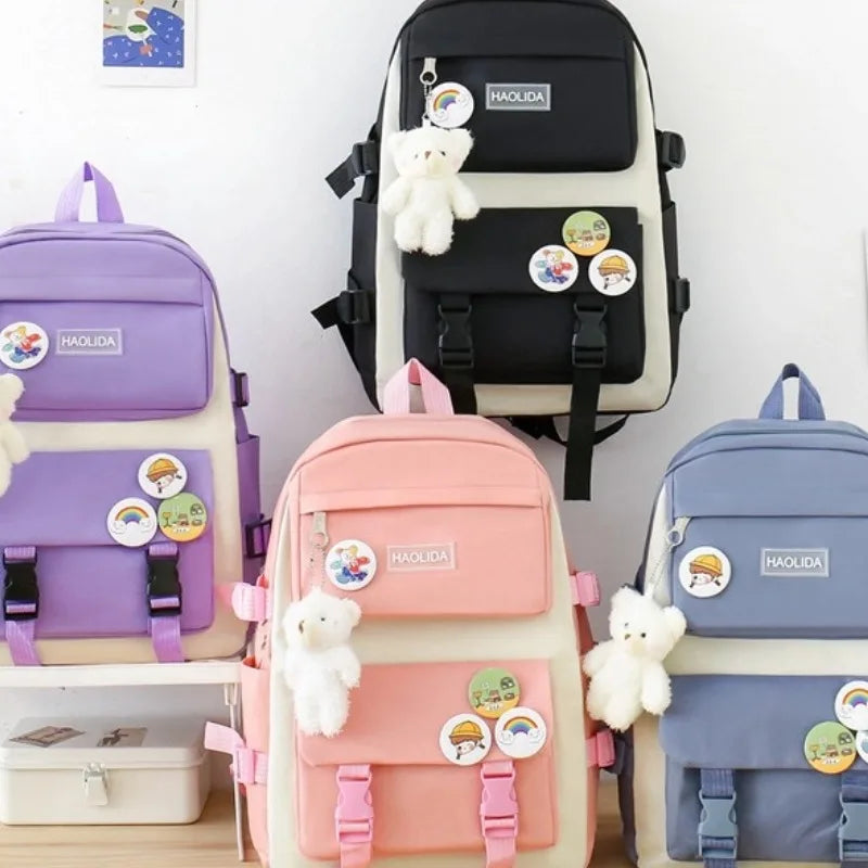 Autumn New Canvas Backpack Women's Korean Version Large Capacity Five-Piece Set Middle School Student Backpack College Student S