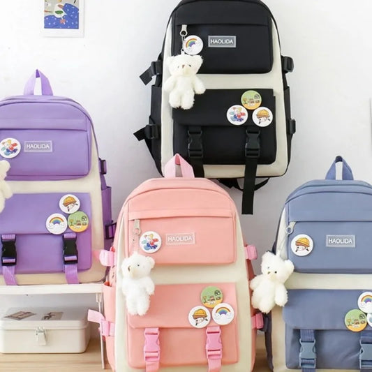 Autumn New Canvas Backpack Women's Korean Version Large Capacity Five-Piece Set Middle School Student Backpack College Student S