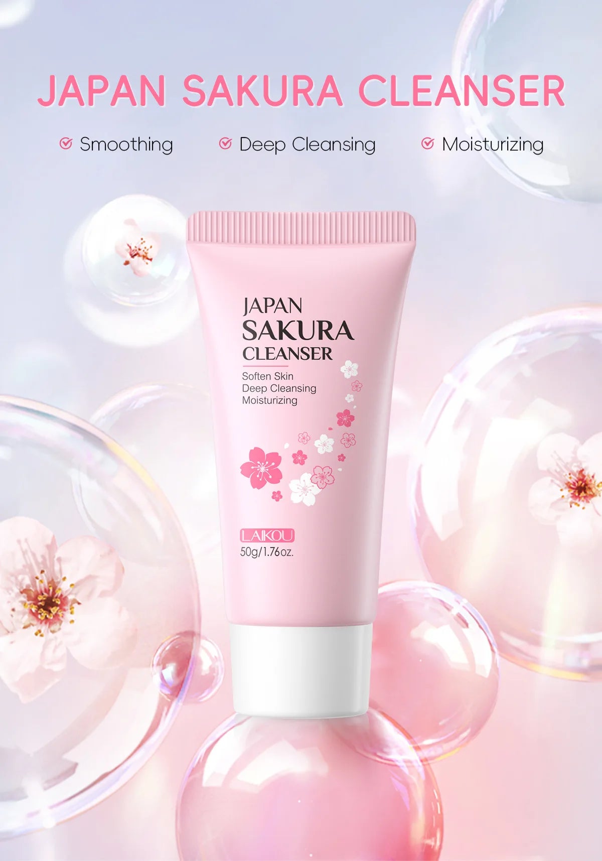 LAIKOU Sakura Facial Cleanser Foam Face Wash Remove Blackhead Moisturizing Shrink Pores Deep Cleaning Oil Control Skin Care 50g