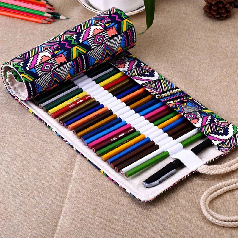 48-Hole Roll-Up Art Pencil Case – Kawaii Canvas Organizer for Students, Paint Brushes & School Stationery
