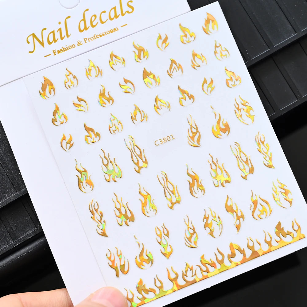 Glitter Flame Nail Art Set – Self-Adhesive Silver Stickers with Butterfly Foil for Manicure Magic