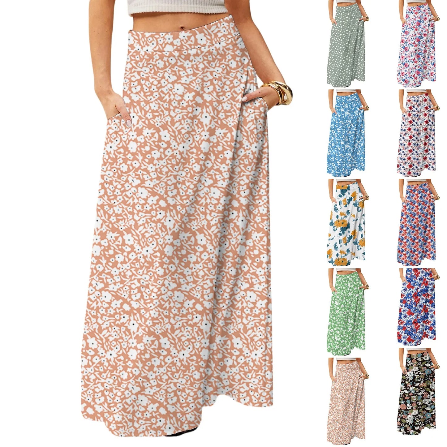 Women's Straight Skirt Casual Summer Floral Print Bohemian Skirt Flowing Maxi Skirts with pockets High waist Elastic skirt