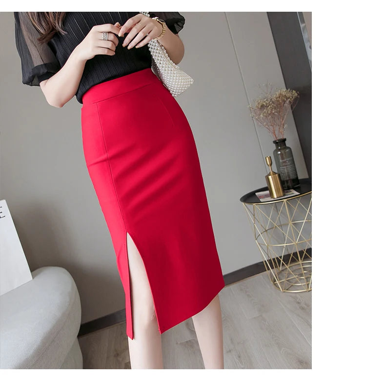 Seoulish 2024 New Spring Summer Mid length Women's Skirt Elegant Office Lady Style Solid Split Mid Length Skirts Female