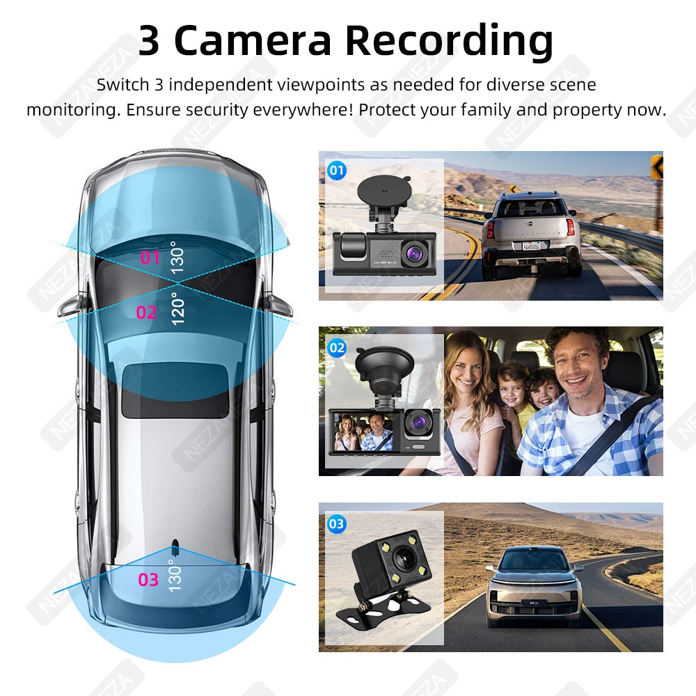1080P DVR Car Recorder HD 3-Lens Inside Infrared Night Vision 3 Cameras Gravity Sensor Universal IPS Safe Driving Video Recorder