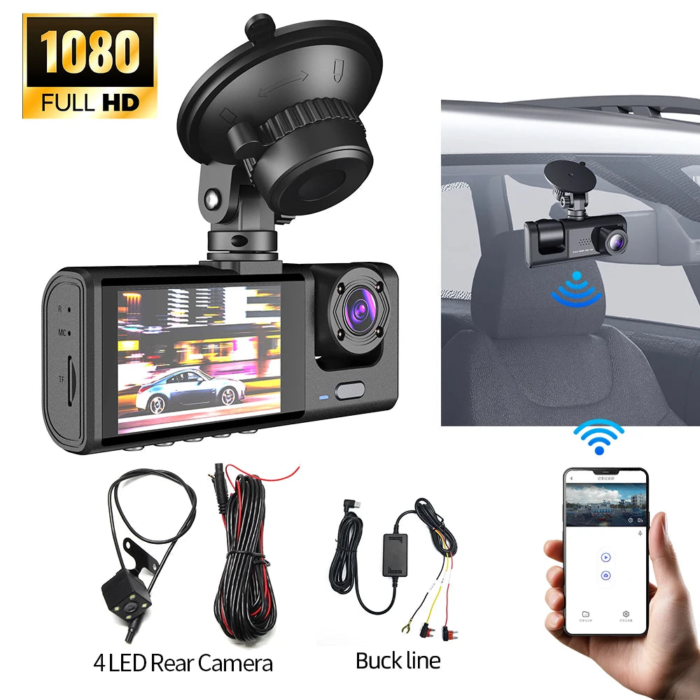 1080P DVR Car Recorder HD 3-Lens Inside Infrared Night Vision 3 Cameras Gravity Sensor Universal IPS Safe Driving Video Recorder