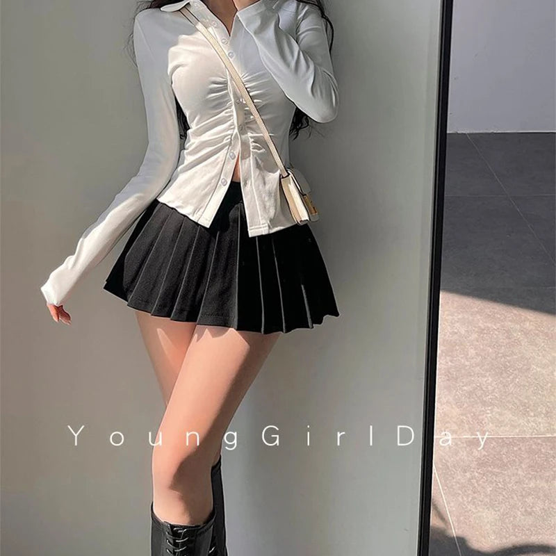 ZOKI Pleated Skirt with Shorts Women Sexy High Waist Irregular White Black A-line Gyaru Tennis extreme Mini Skirt School