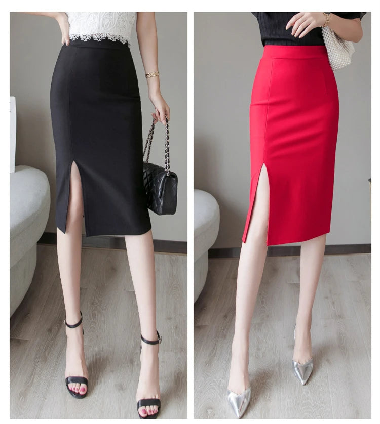 Seoulish 2024 New Spring Summer Mid length Women's Skirt Elegant Office Lady Style Solid Split Mid Length Skirts Female