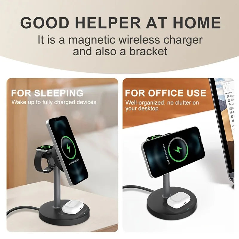 3 In 1 Magnetic Wireless Charger Adjustable Stand For iPhone 16 15 14 13 Pro Max iWatch 10 9 8 AirPods Pro Fast Charging Station