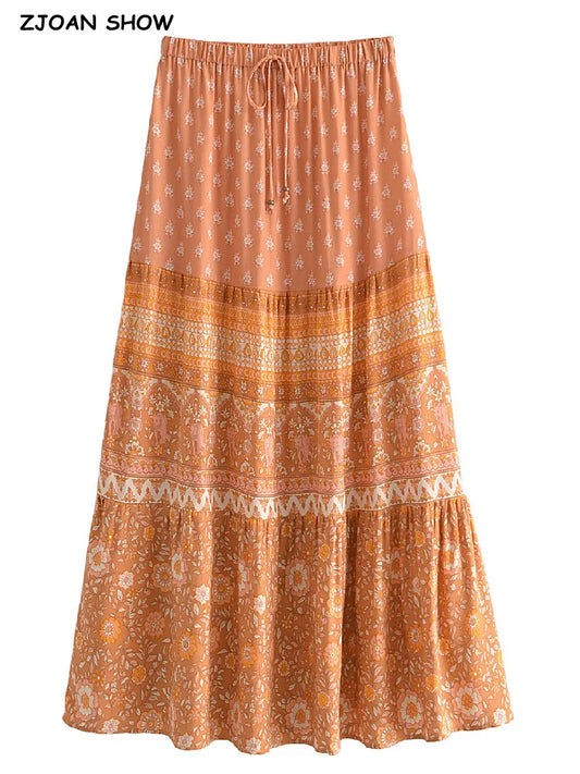 2022 BOHO Orange Flower Print Long Skirt Spliced Ruched Ruffle Hem Hippie Women Ball Tassel Bow Waist Swing Skirts Holiday