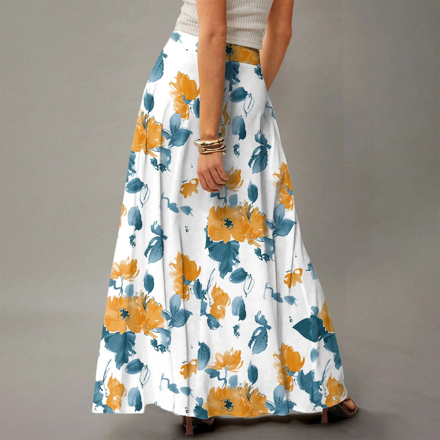 Women's Straight Skirt Casual Summer Floral Print Bohemian Skirt Flowing Maxi Skirts with pockets High waist Elastic skirt