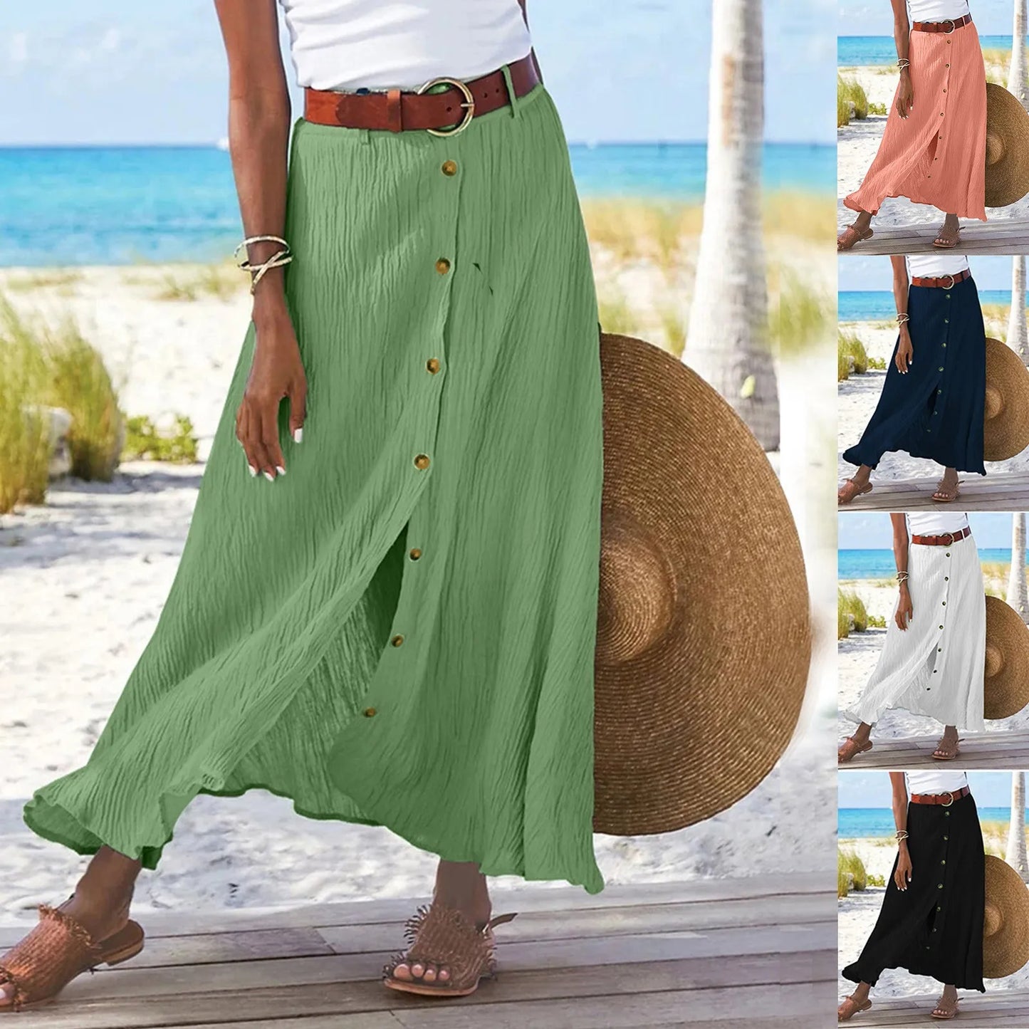 Women'S Half Skirt Midi Skirts For Women Bohemian Skirt High Waist Party Beach Button Skirt Women'S Loose Cotton And Linen Skirt