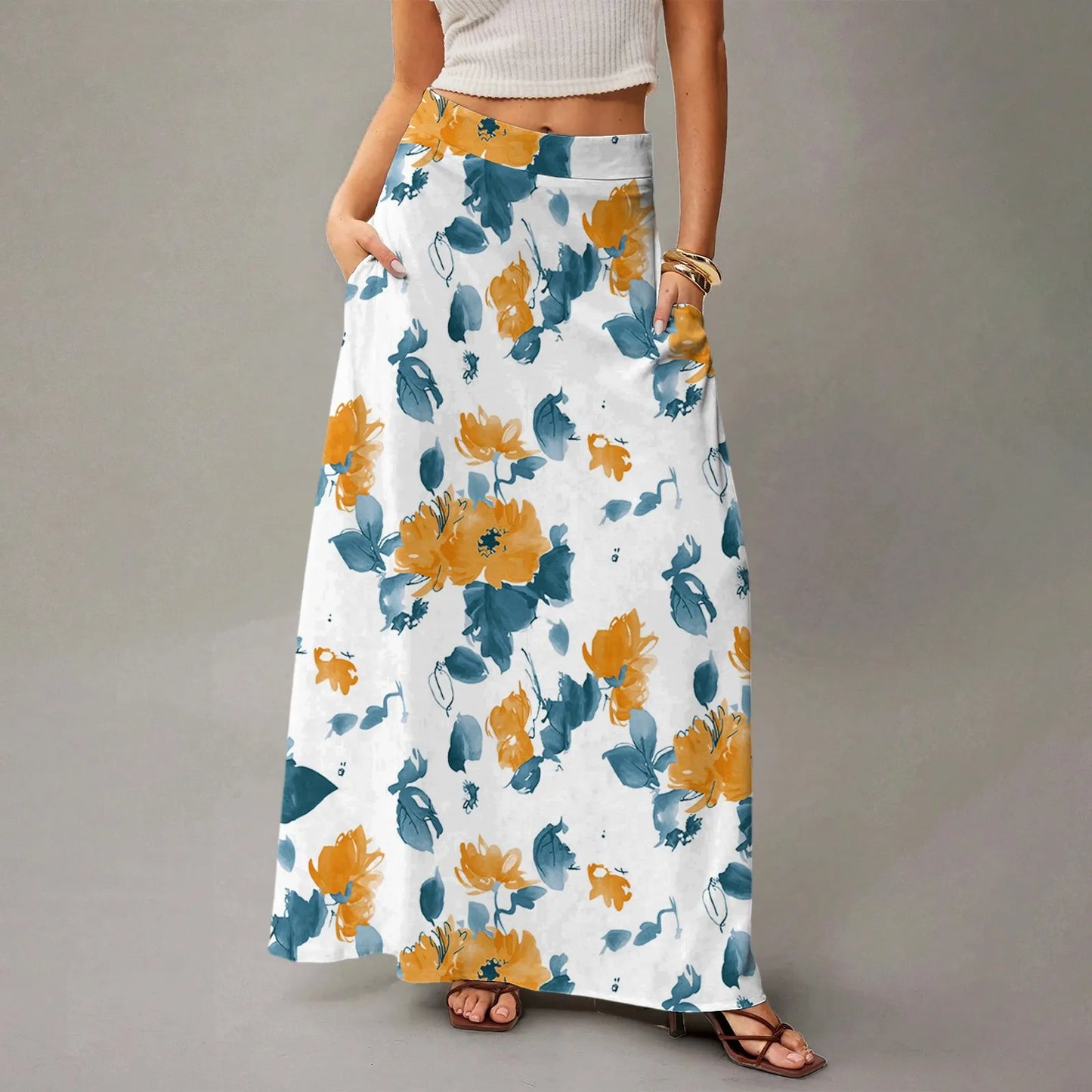 Women's Straight Skirt Casual Summer Floral Print Bohemian Skirt Flowing Maxi Skirts with pockets High waist Elastic skirt
