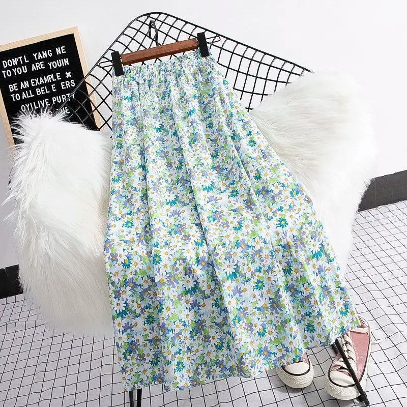 Fragmented Blossom Skirt Women's New Summer Art High Waist Chiffon A-line Oil Painting Small Daisy  Lady Large Swing  Skirt