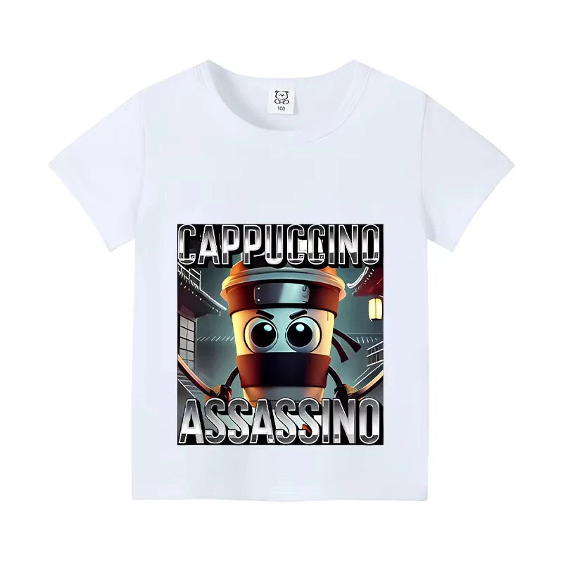 Italian Brainrot Animals Kids Cotton T-shirt Cappuccino Assassino  Tops for Kids Funny Cartoon Print Cute Tee Summer Clothing