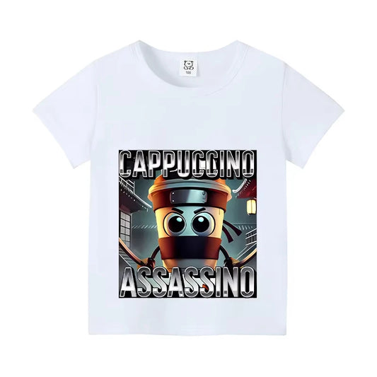 Italian Brainrot Animals Kids Cotton T-shirt Cappuccino Assassino  Tops for Kids Funny Cartoon Print Cute Tee Summer Clothing