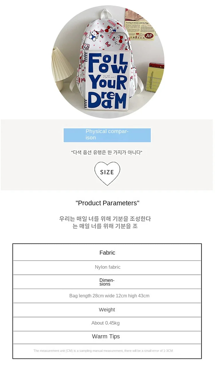 Kawaii Canvas Backpack – Hello Kitty, Kuromi, Melody & Cinnamoroll Charm for Kids & Teens!