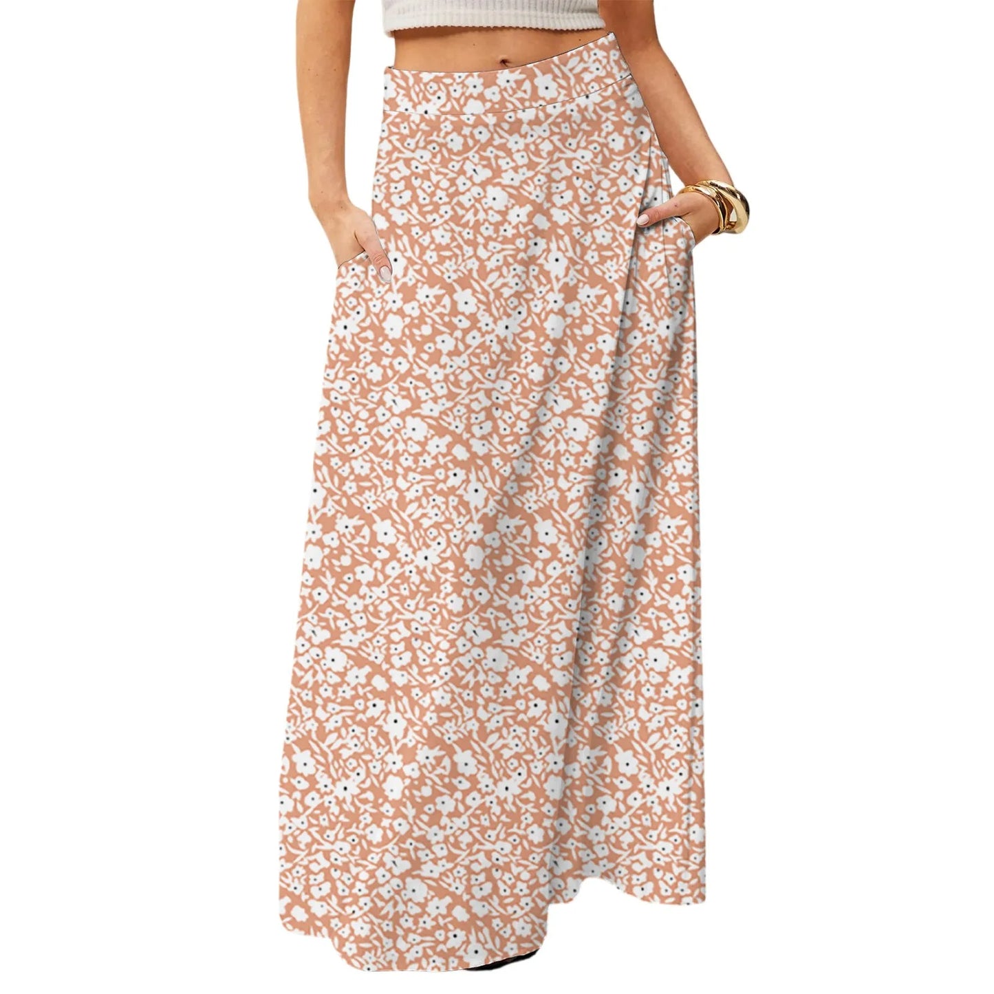 Women's Straight Skirt Casual Summer Floral Print Bohemian Skirt Flowing Maxi Skirts with pockets High waist Elastic skirt