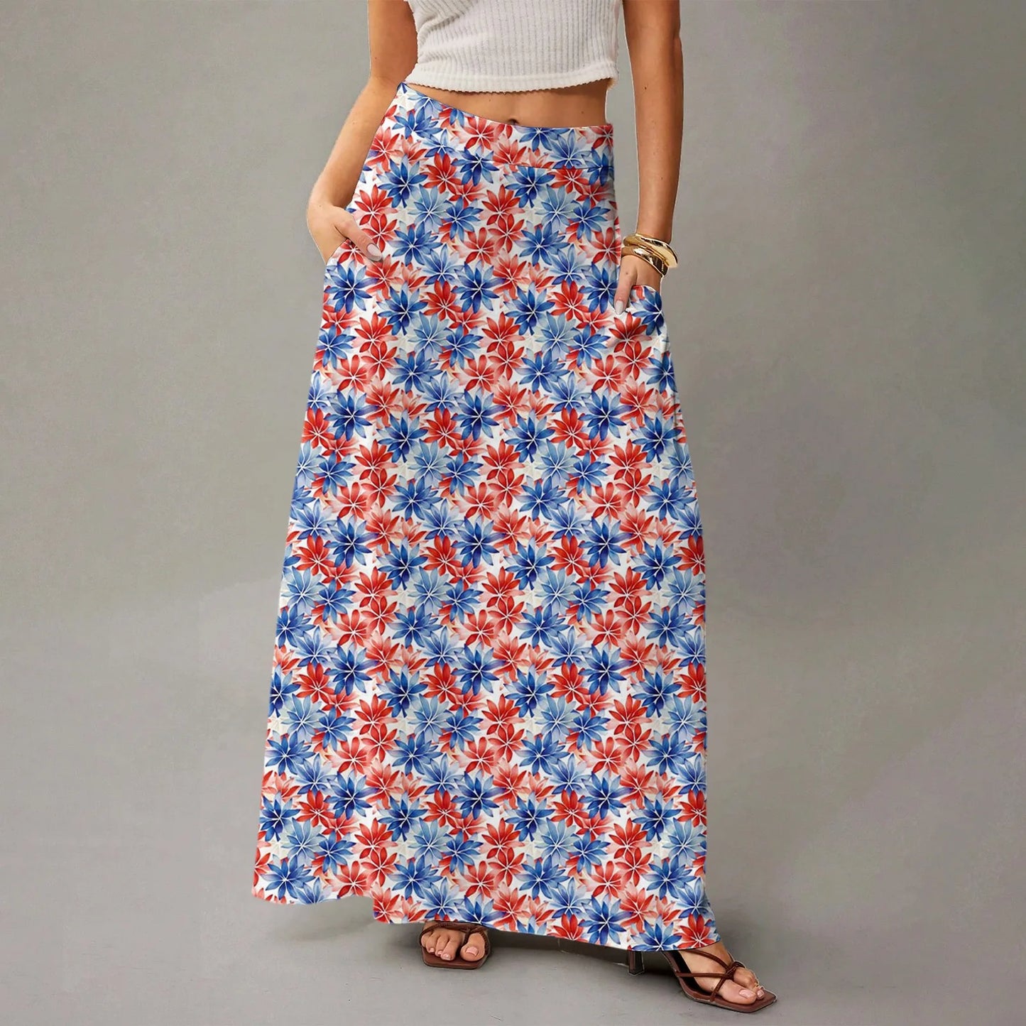 Women's Straight Skirt Casual Summer Floral Print Bohemian Skirt Flowing Maxi Skirts with pockets High waist Elastic skirt