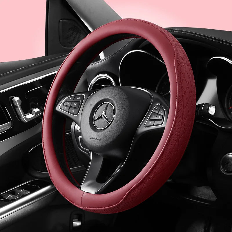 Napa Leather Perforated Patchwork Car Steering Wheel Cover, Non-slip, Breathable, Universal 15 Inch (Approx. 38cm)