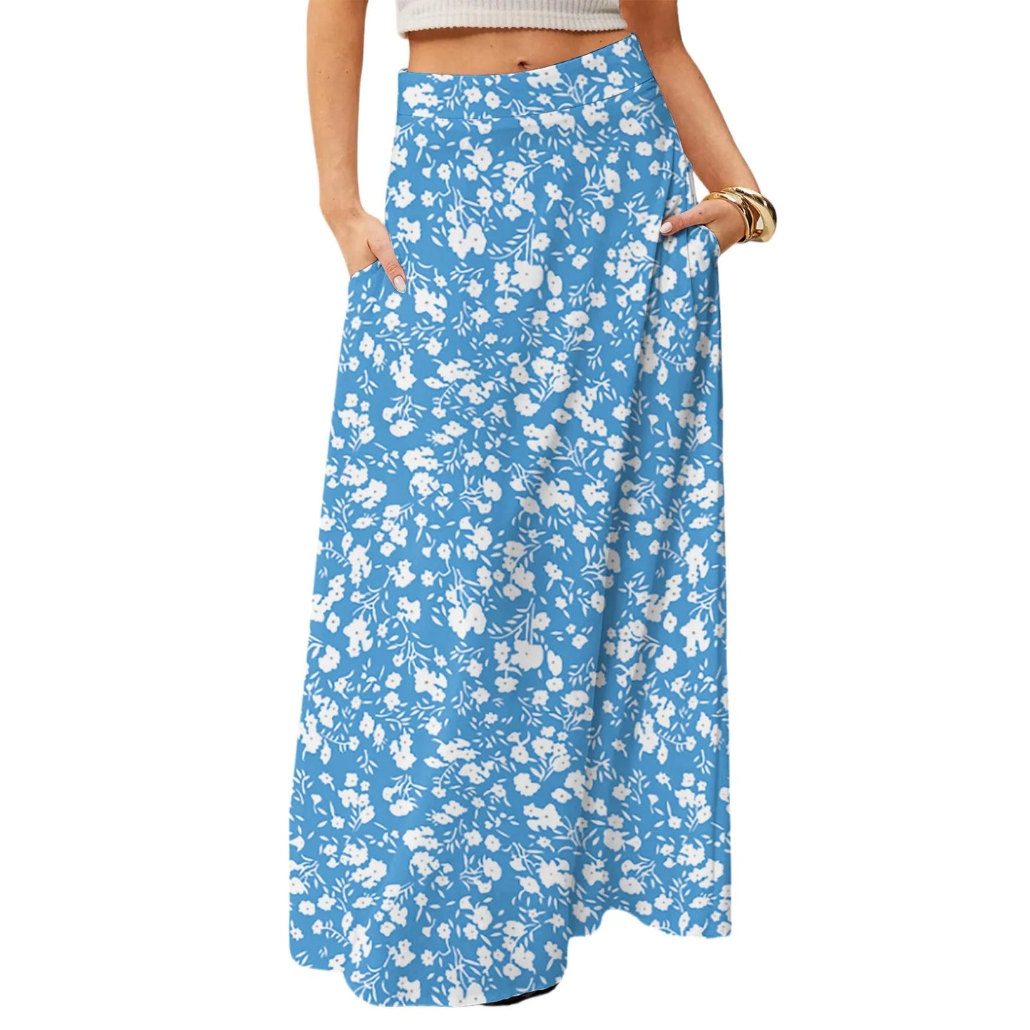 Women's Straight Skirt Casual Summer Floral Print Bohemian Skirt Flowing Maxi Skirts with pockets High waist Elastic skirt