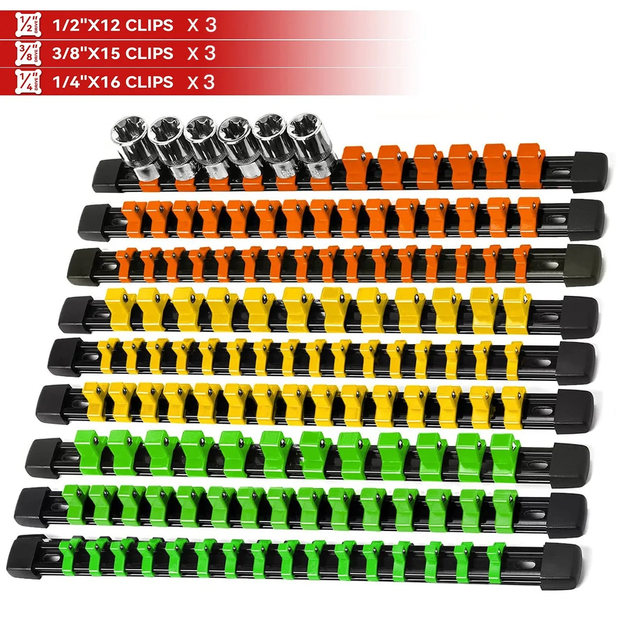 Socket Organizer Set 1/4-Inch 3/8-Inch 1/2-Inch Socket Organizer for Tool Box Drawer Drive Socket Trays, Socket Holder Clip Rail