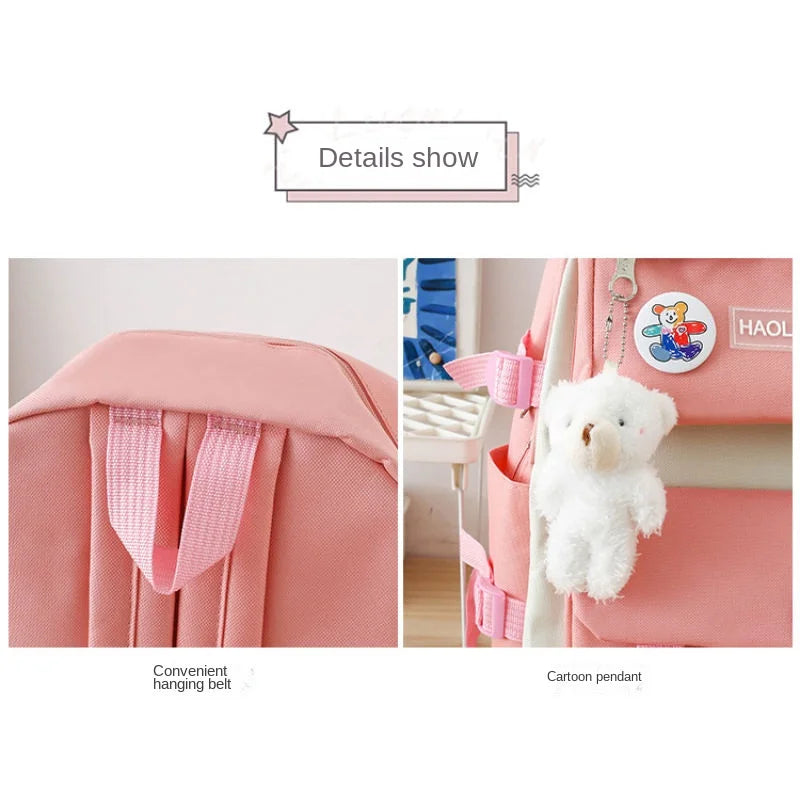 Autumn New Canvas Backpack Women's Korean Version Large Capacity Five-Piece Set Middle School Student Backpack College Student S