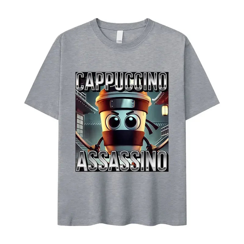 Italian Brainrot Fun Cappuccino Assasino Meme Men's Kawaii Short sleeved T-shirt Summer Round Neck 100% Cotton T-shirt