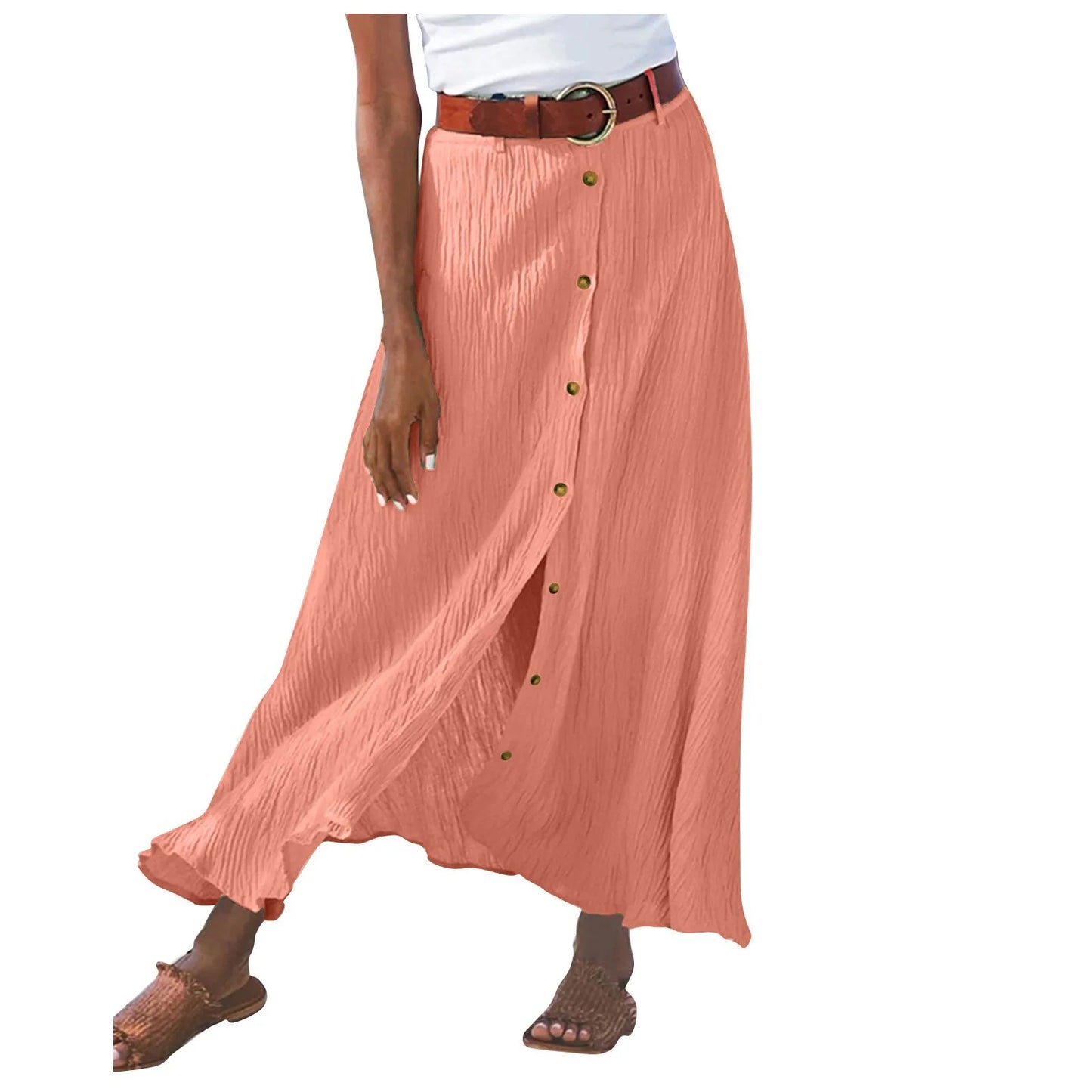 Women'S Half Skirt Midi Skirts For Women Bohemian Skirt High Waist Party Beach Button Skirt Women'S Loose Cotton And Linen Skirt