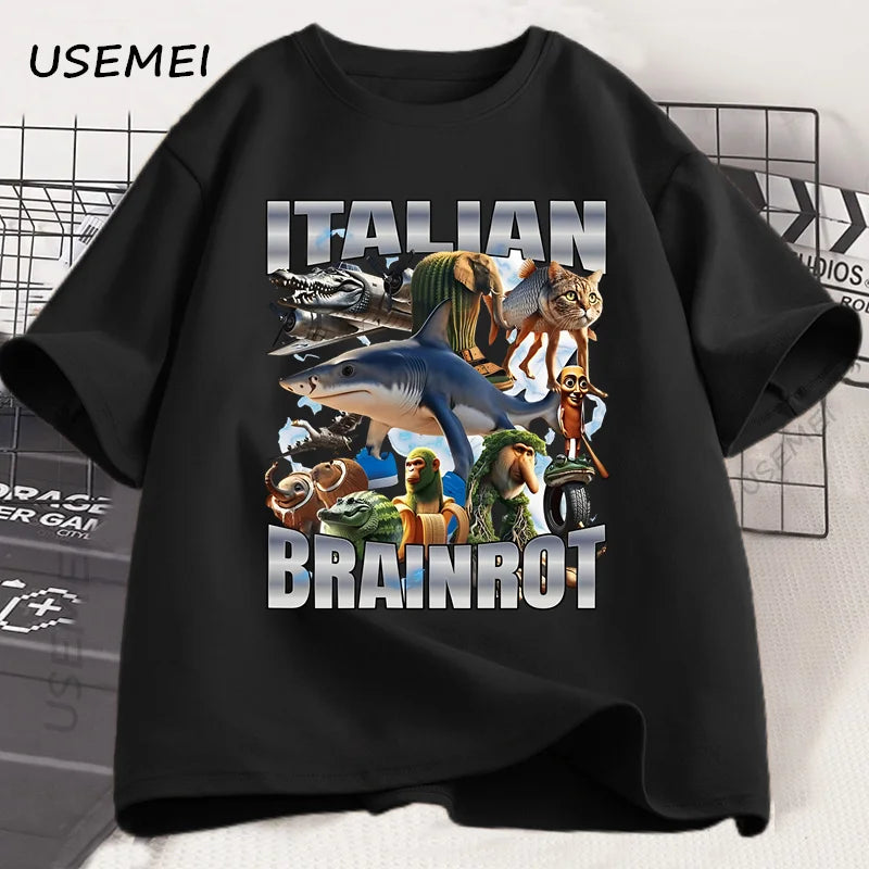 Italian Brainot T Shirt Funny Meme Graphic Tees Men Women Vintage T-shirt Trendy Cotton Summer Short Sleeve Y2k Streetwears