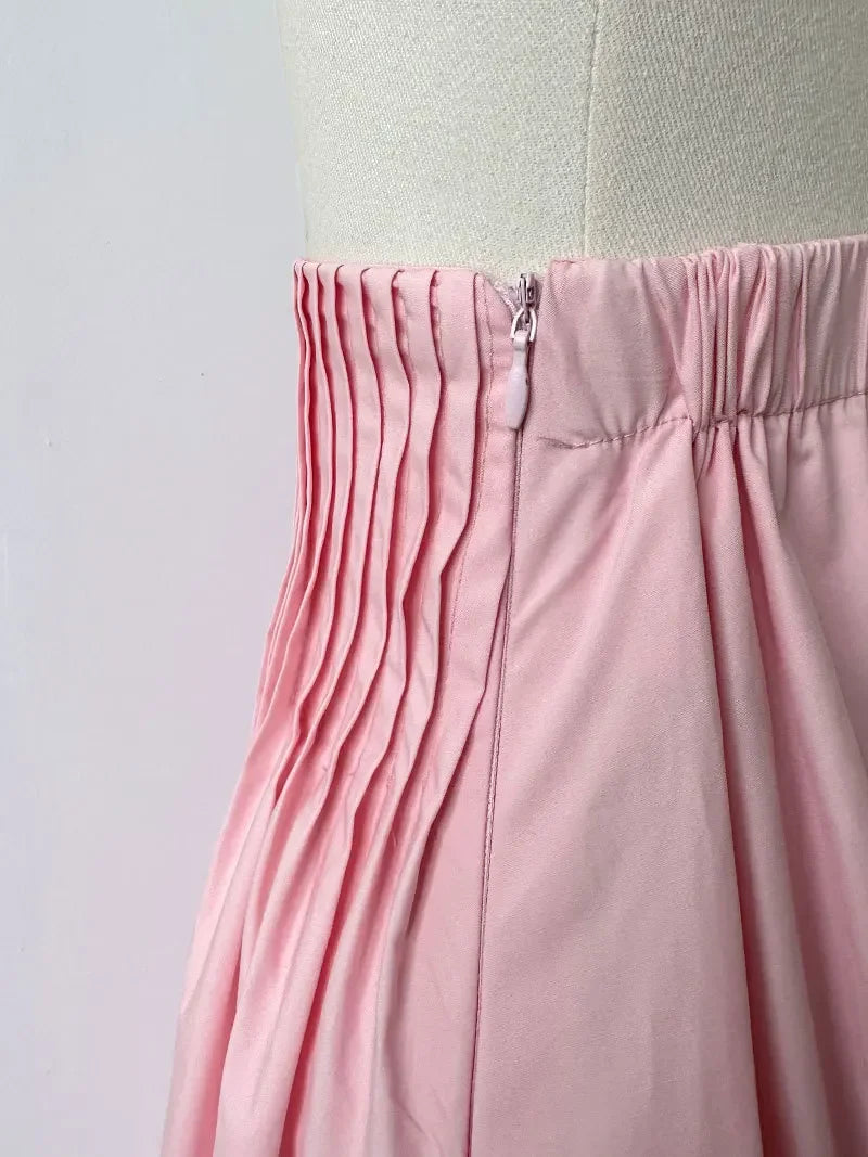 Elegant High-Waisted Pink A- Line Skirt Sweet Umbrella Design Sensibility Plenty of Pleats Medium-Length Women's Fashion