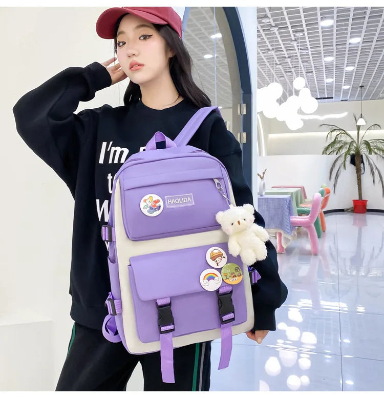 Autumn New Canvas Backpack Women's Korean Version Large Capacity Five-Piece Set Middle School Student Backpack College Student S