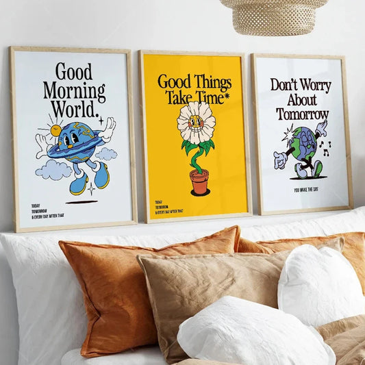 Retro Earth Flower Good Morning Motivational Quotes Gifts Wall Art Prints Canvas Painting Poster Pictures Living Room Home Decor