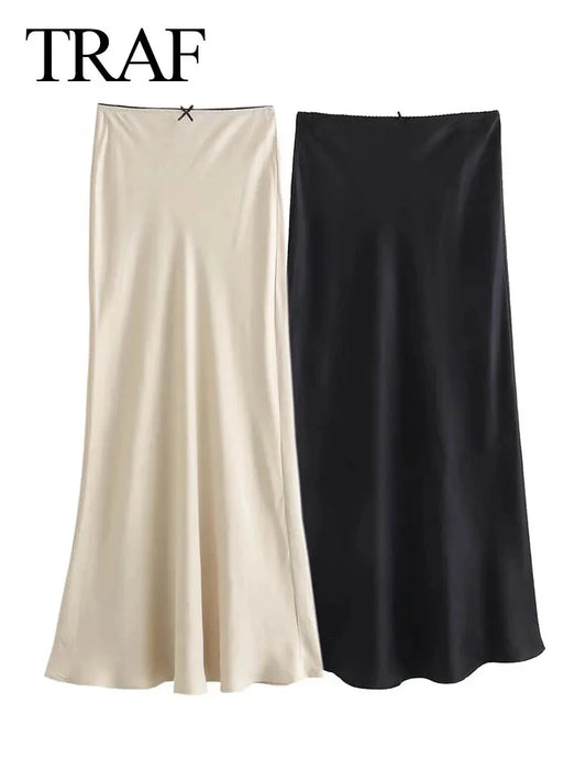 TRAFZA Women Satin Skirt High Waist Midi Skirt Stylish Long Skirts For Women Fashion Chic And Elegant Woman Skirt Streetwear