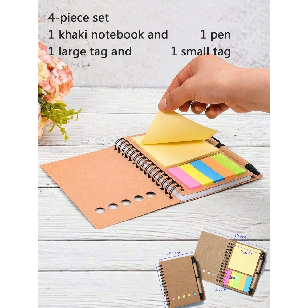 4-Pack Spiral Notebook Set-Pocket Notepad with Pen Loop,Sticky Notes&Index Tabs,4.1x5.3"Brown Paper Cover,Portable Lined Journal